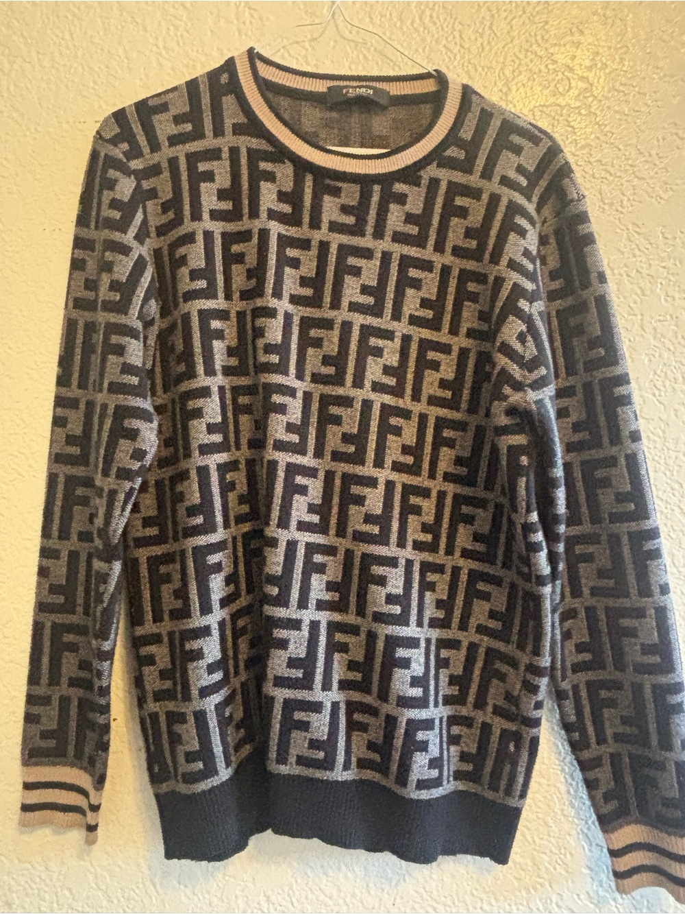 Fendi Monogram Knit Sweater in Black & Gray with Pink Trim